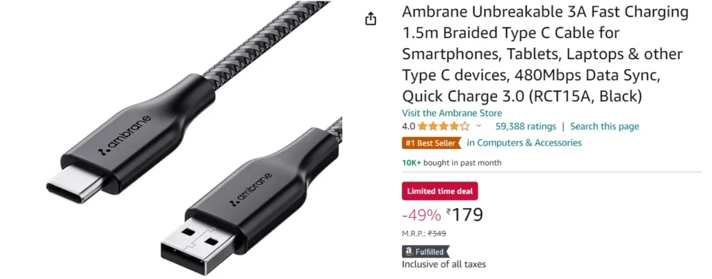 AmbraneUnbreakable3AFastCharging1.5mBraidedTypeCCable Ambrane+Unbreakable+3A+Fast+Charging+1.5m+Braided+Type+C+Cable
